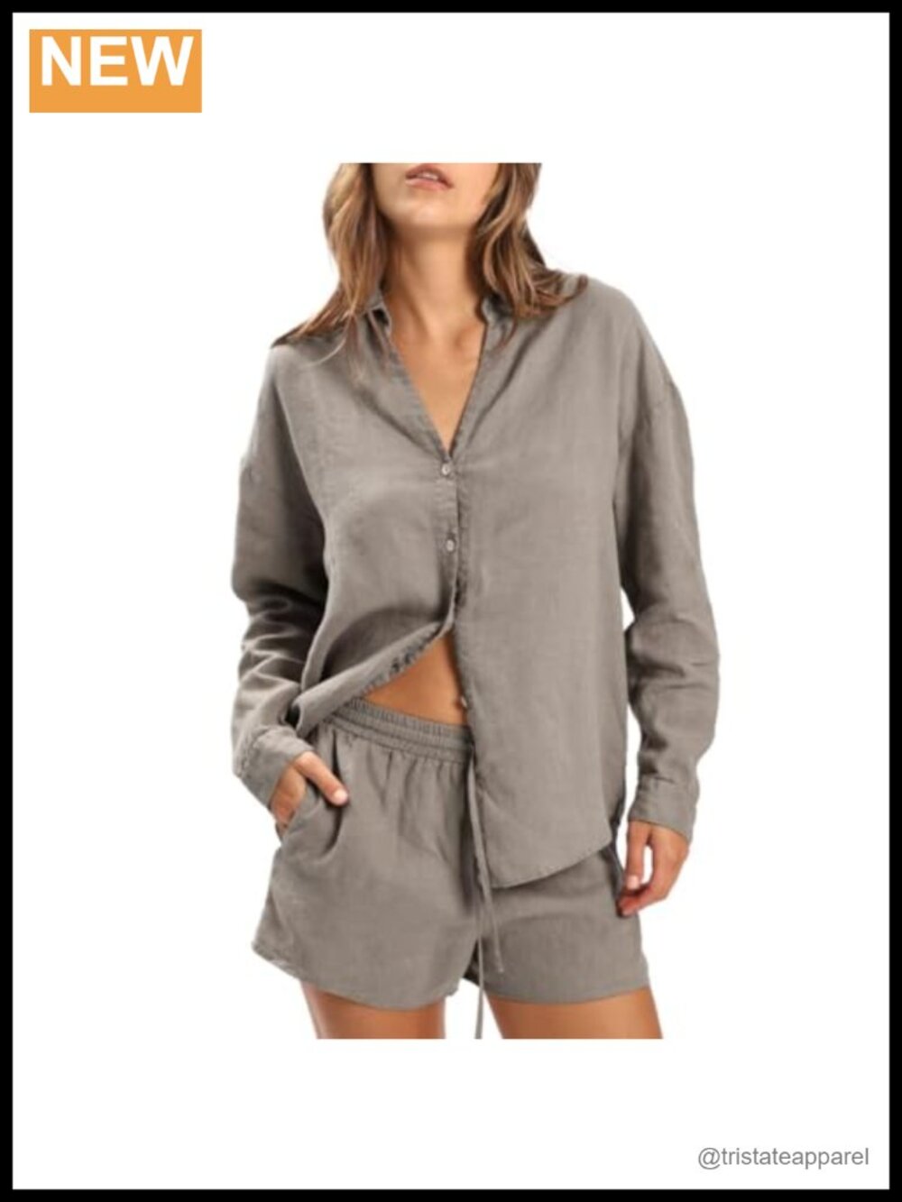 100% Linen Button-Down Long Sleeve Shirt Relaxed Fit V-Neck